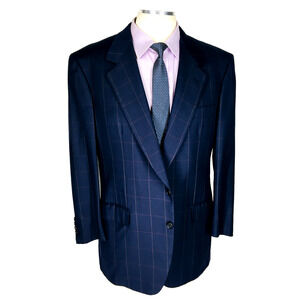 44R BIJAN Italy Mens Vtg 2 Button Silk Wool Blazer Jacket Navy Window Pane